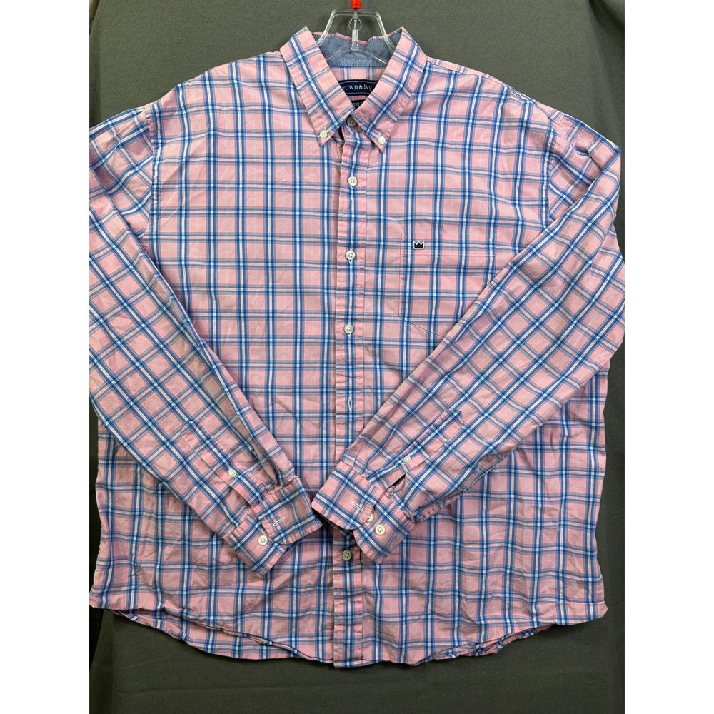 Crown & Ivy Men's XL Classic Fit Pink Blue Plaid Button Down‎ Shirt Long Sleeve